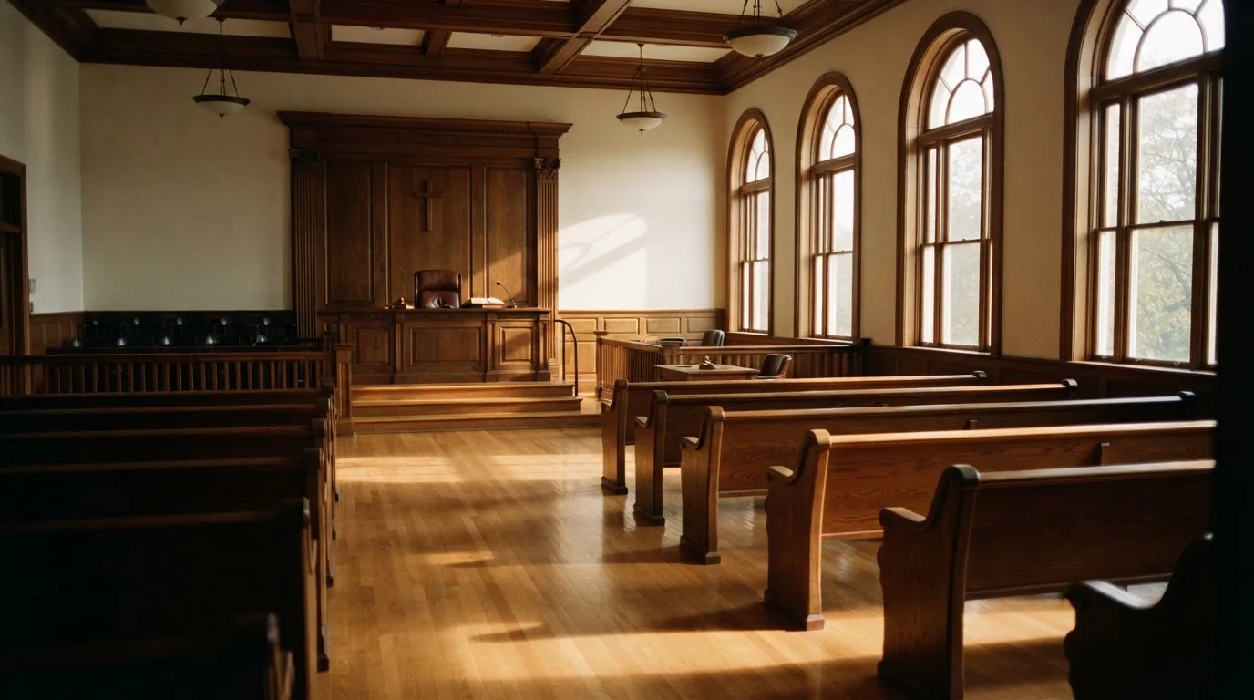 Una sala de tribunal vacía con bancos de madera a la luz de la mañana