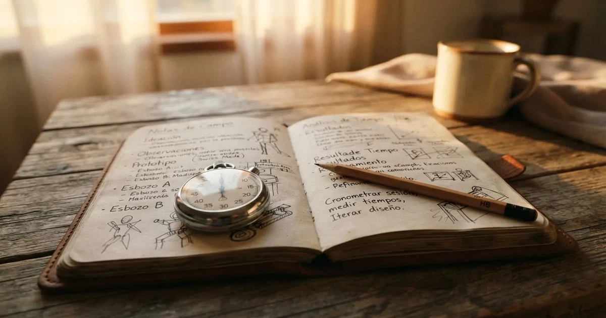Un cuaderno abierto con un lápiz y un cronómetro sobre una mesa de madera