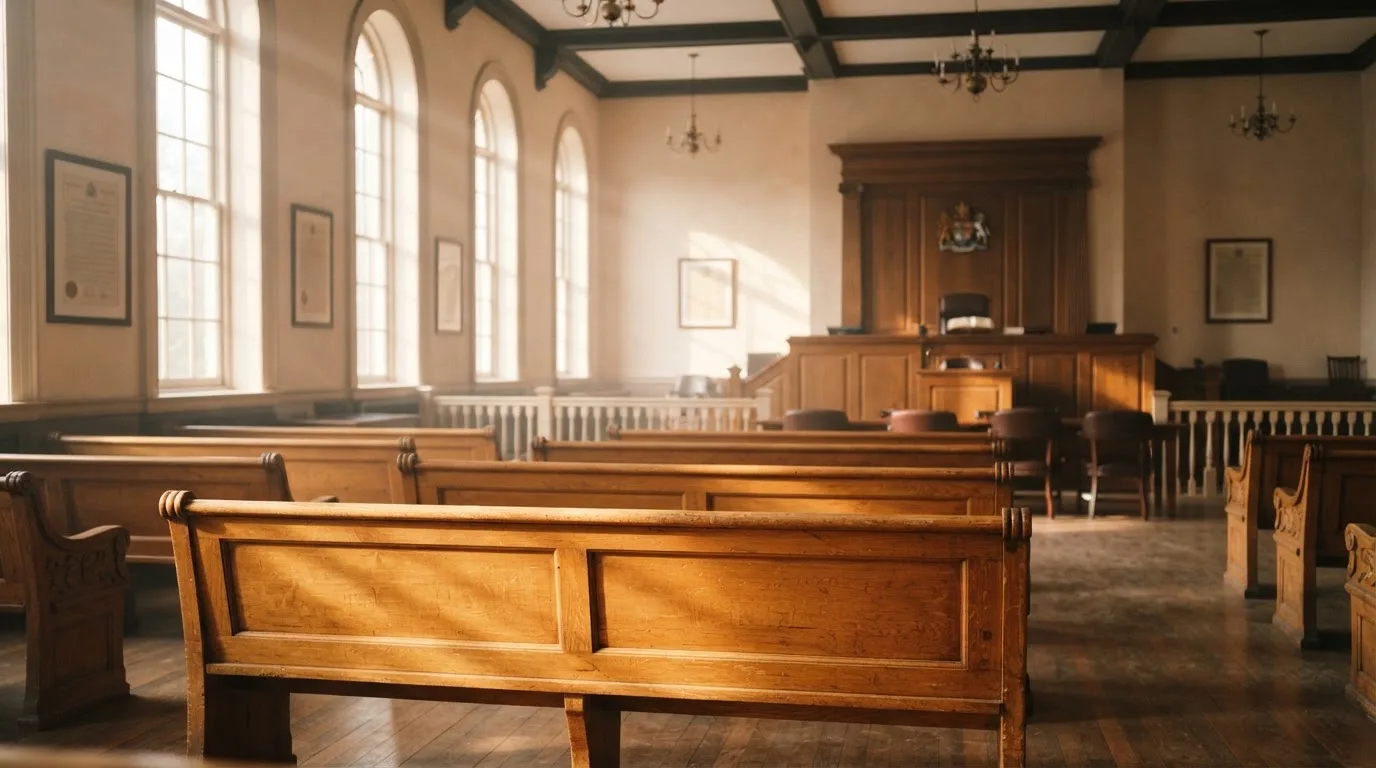 Una sala de tribunal vacía con bancos de madera a la luz de la mañana