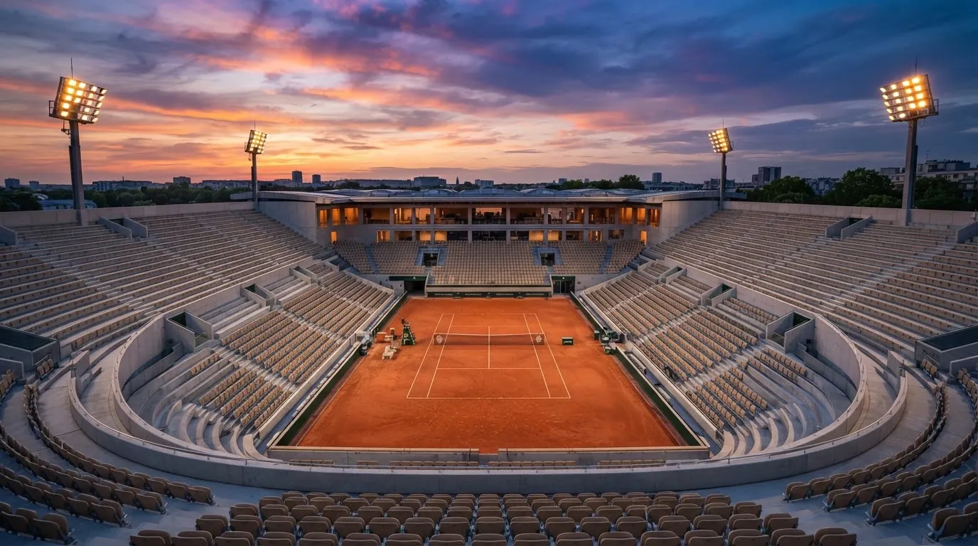 Un estadio de fútbol vacío con torres de iluminación al atardecer