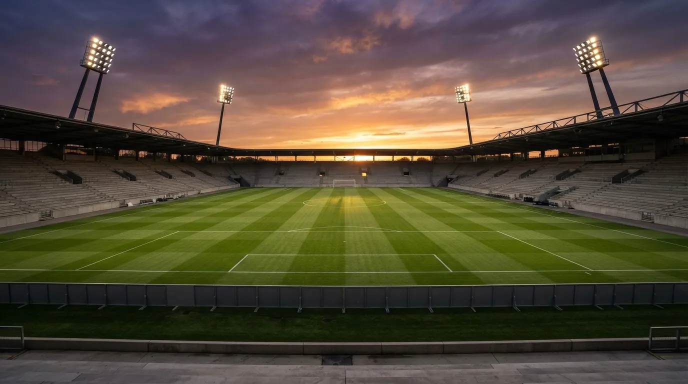 Un estadio de fútbol vacío con torres de iluminación al atardecer