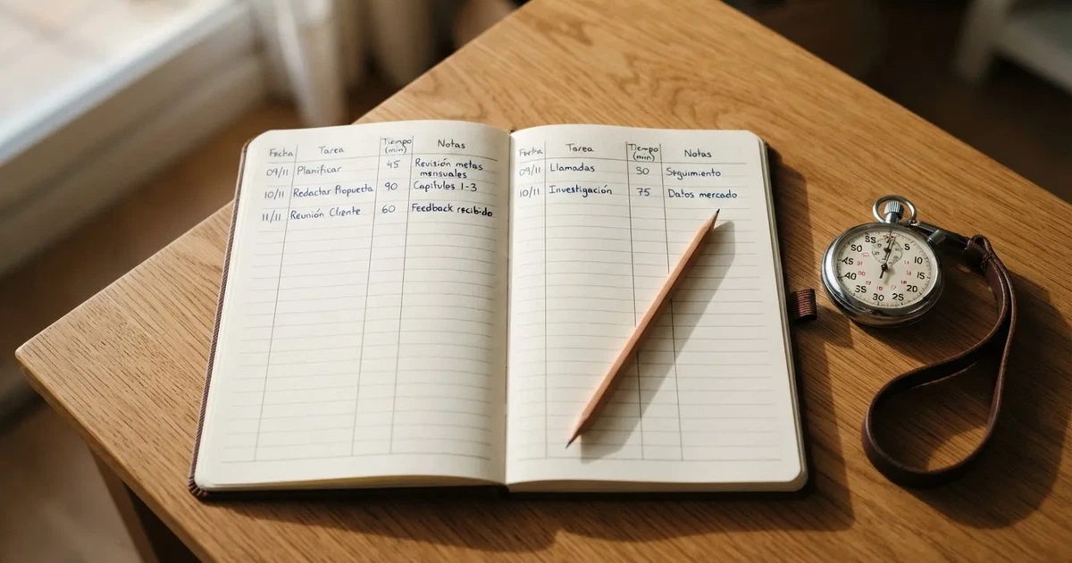 Un cuaderno abierto con un lápiz y un cronómetro sobre una mesa de madera