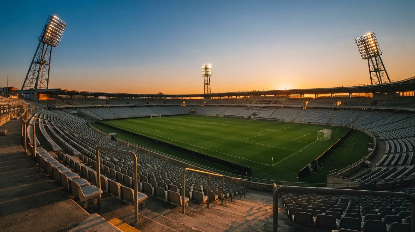 Un estadio de fútbol vacío con torres de iluminación al atardecer