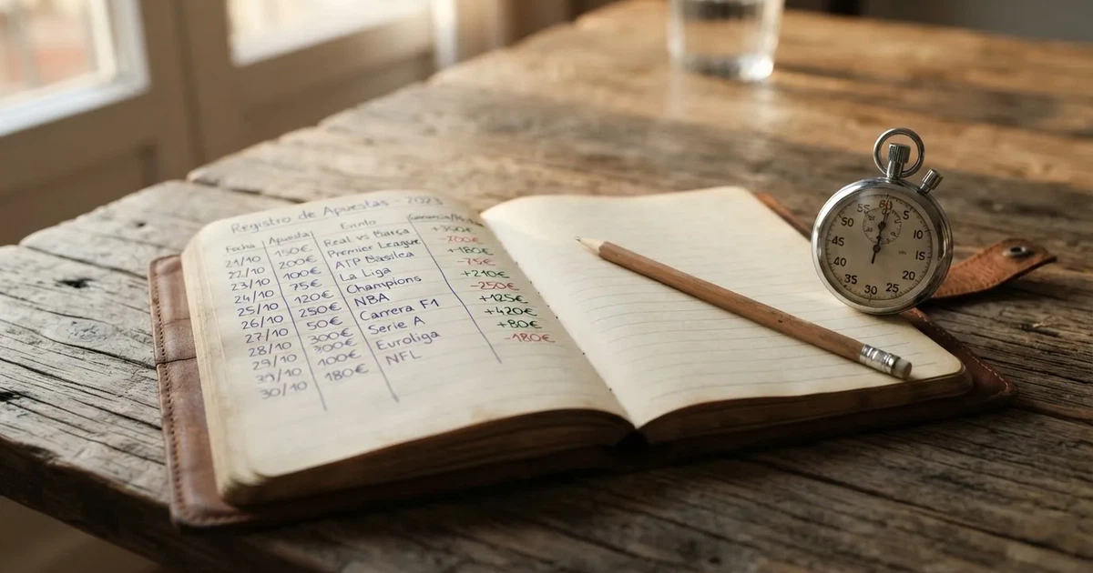 Un cuaderno abierto con un lápiz y un cronómetro sobre una mesa de madera