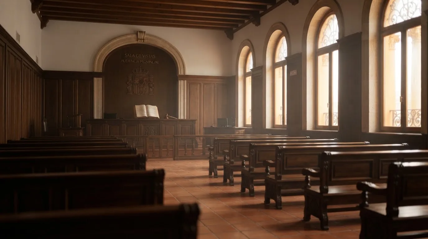 Una sala de tribunal vacía con bancos de madera a la luz de la mañana