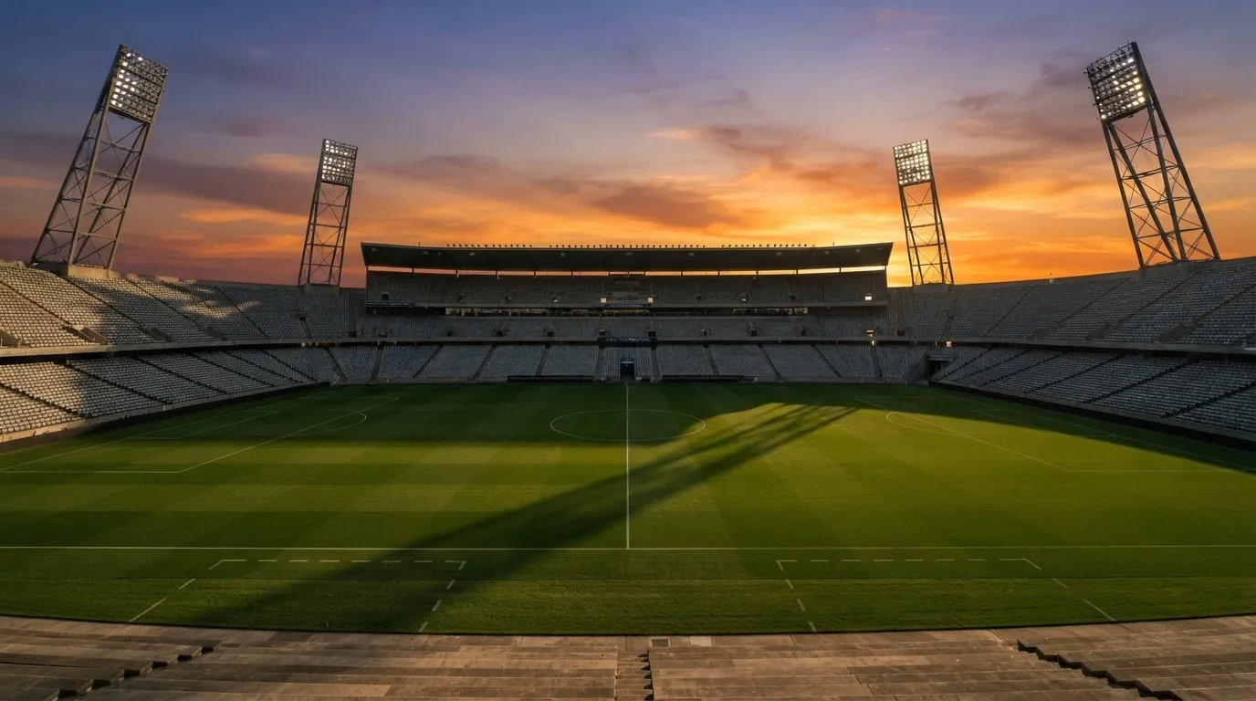 Un estadio de fútbol vacío con torres de iluminación al atardecer