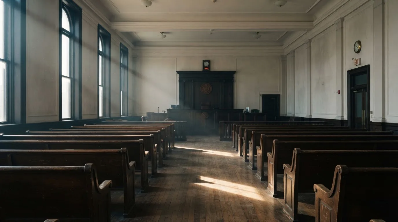 Una sala de tribunal vacía con bancos de madera a la luz de la mañana