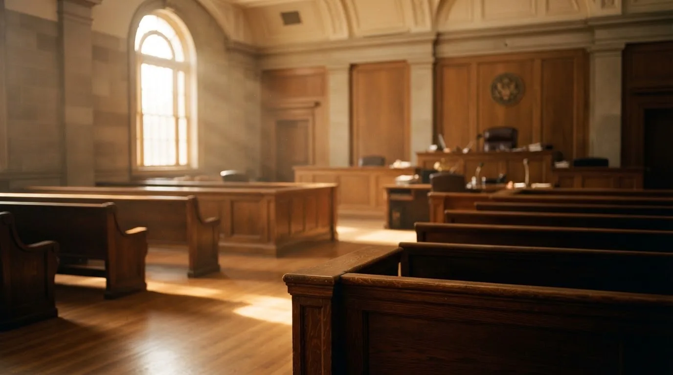 Una sala de tribunal vacía con bancos de madera a la luz de la mañana