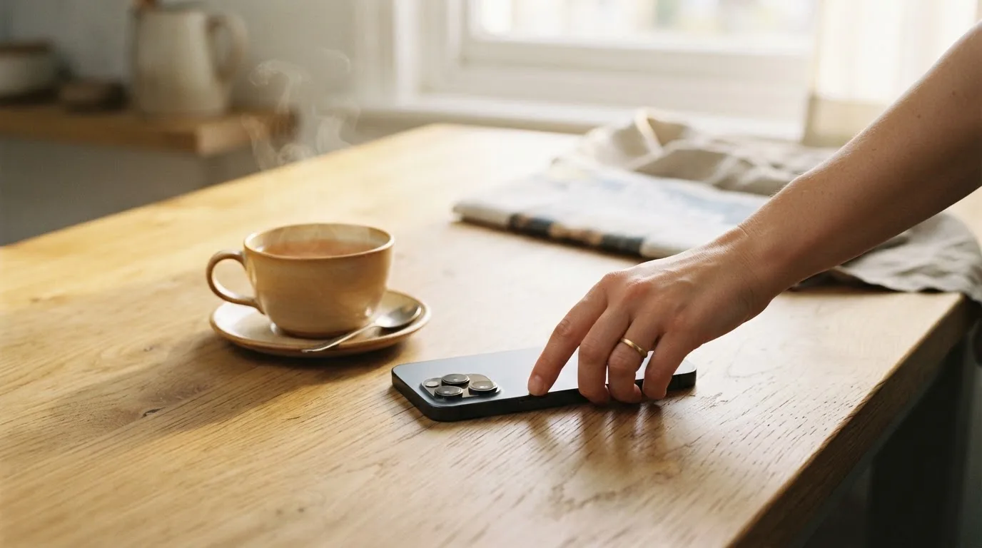 Una mano deja un móvil junto a una taza de té sobre la mesa de la cocina, una tarde tranquila
