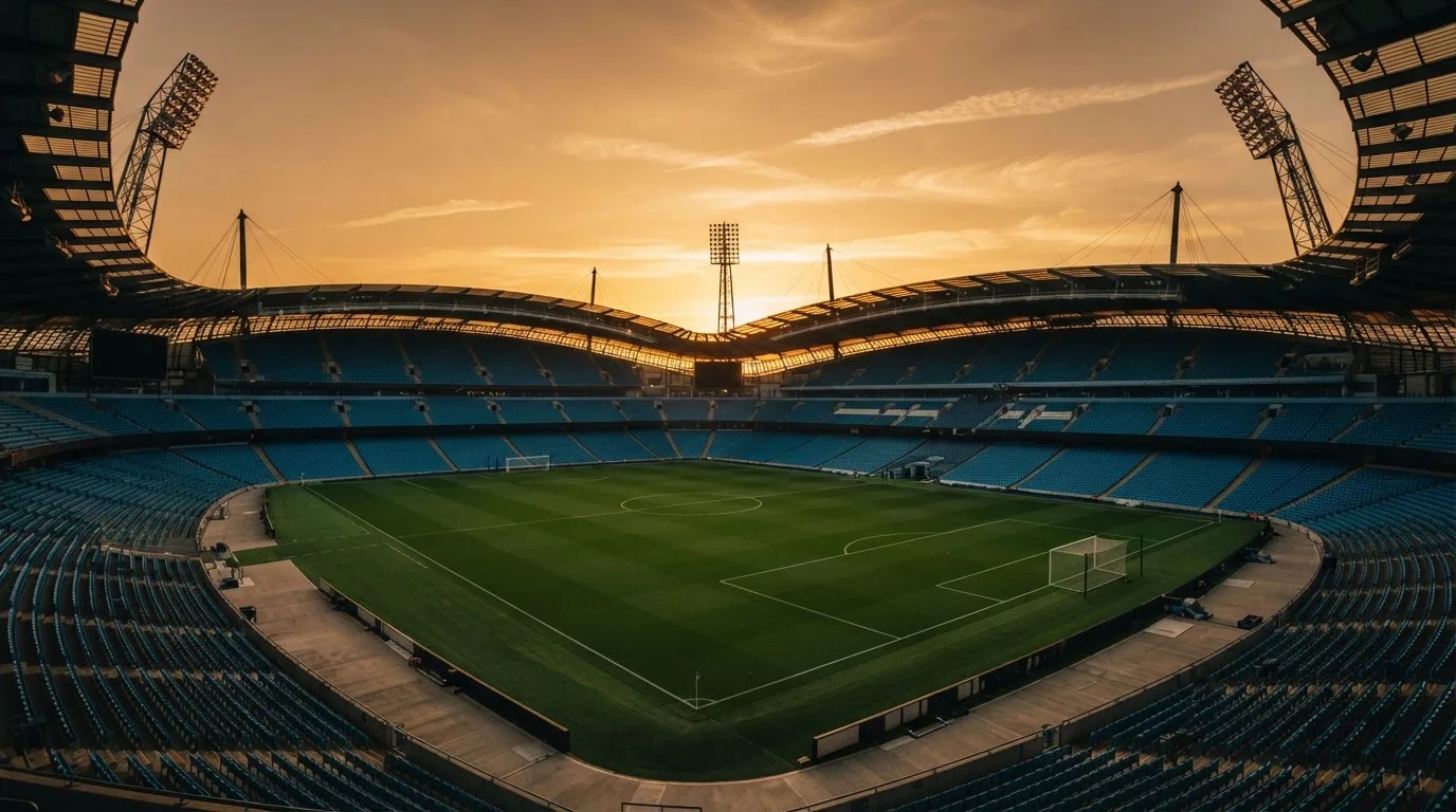 Un estadio de fútbol vacío con torres de iluminación al atardecer