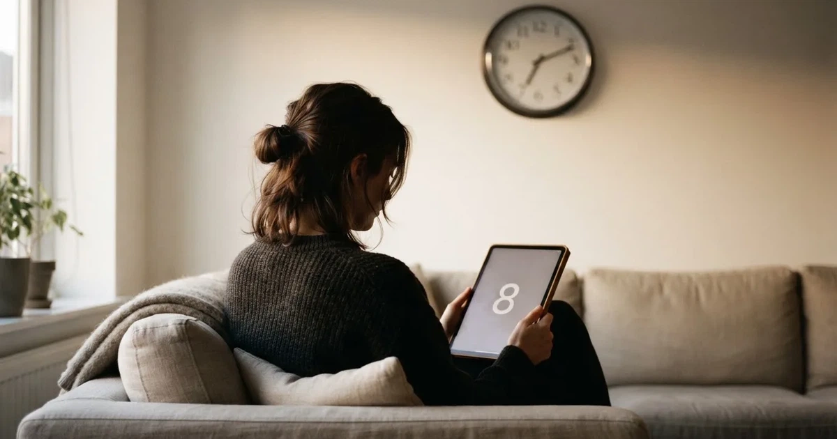 Una persona en el sofá mira pensativa una tableta, con un reloj de pared al fondo