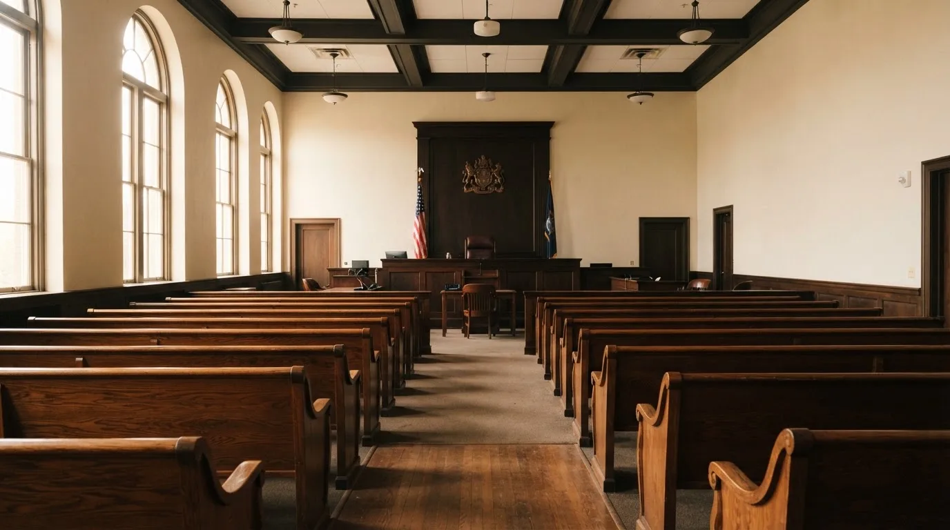 Una sala de tribunal vacía con bancos de madera a la luz de la mañana
