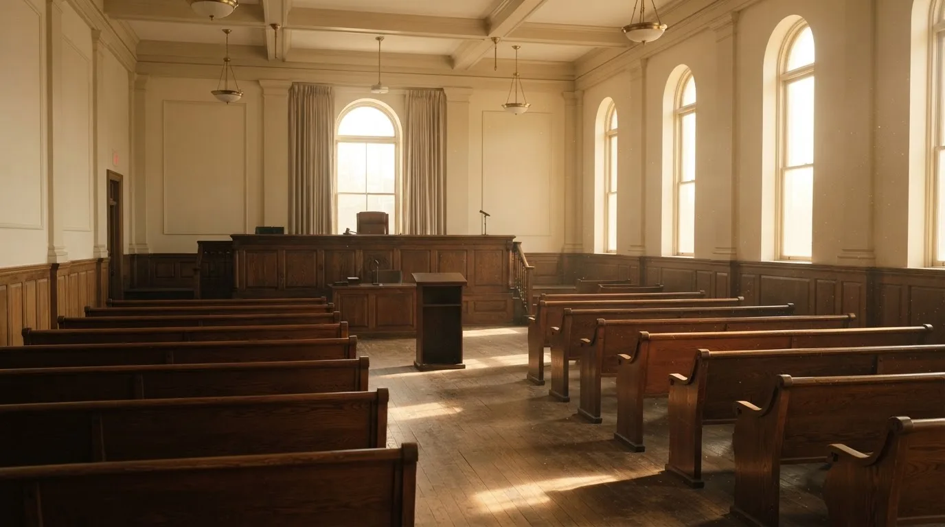 Una sala de tribunal vacía con bancos de madera a la luz de la mañana