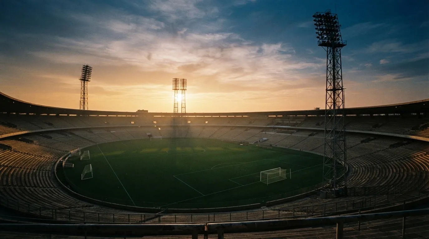 Un estadio de fútbol vacío con torres de iluminación al atardecer