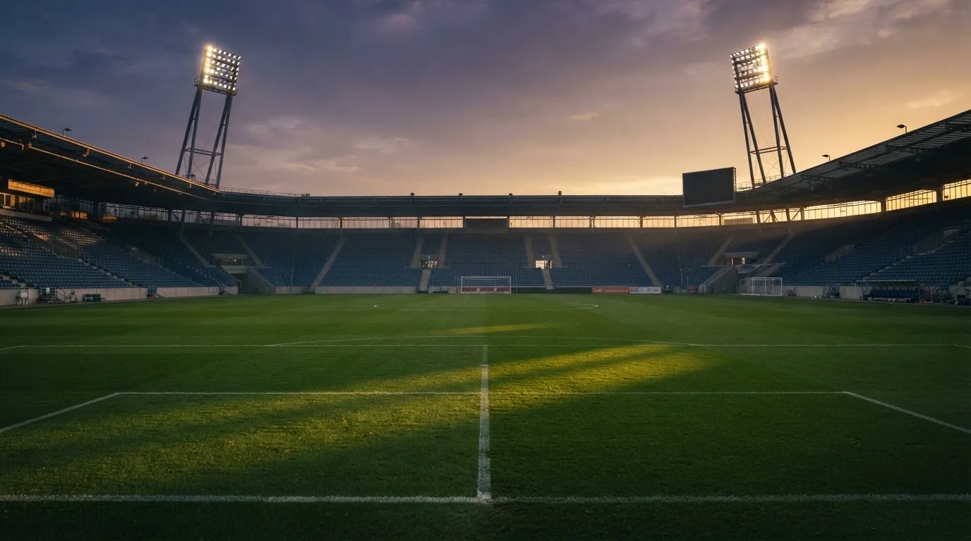 Un estadio de fútbol vacío con torres de iluminación al atardecer