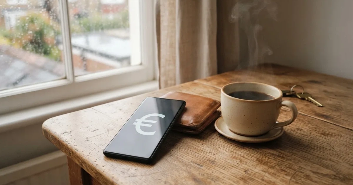 Un móvil sobre una mesa de madera junto a una cartera y una taza de café