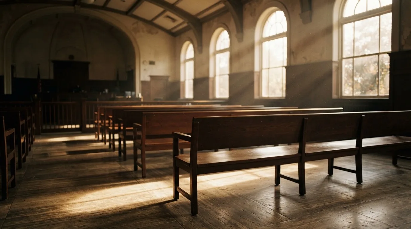 Una sala de tribunal vacía con bancos de madera a la luz de la mañana