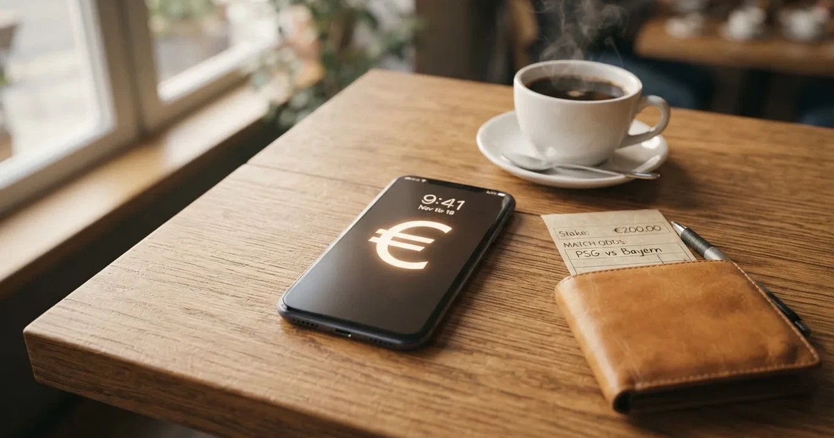 Un móvil sobre una mesa de madera junto a una cartera y una taza de café