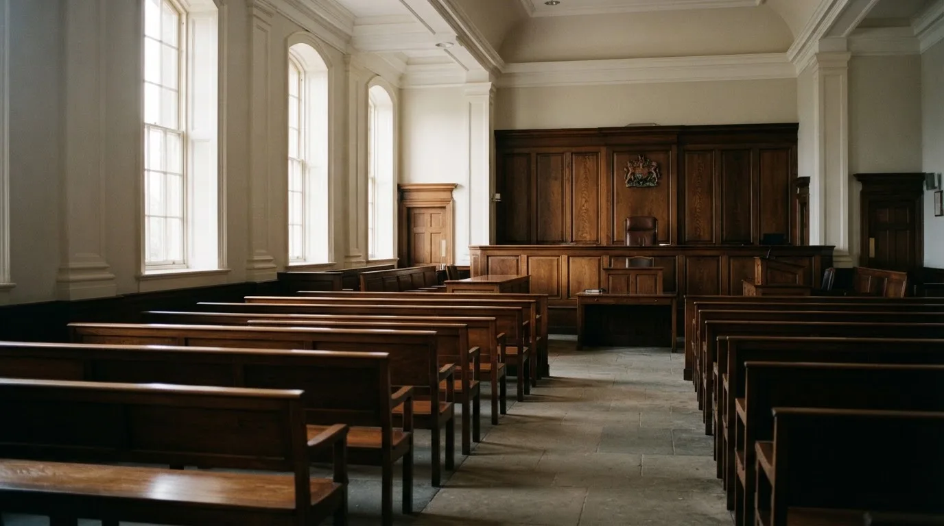 Una sala de tribunal vacía con bancos de madera a la luz de la mañana