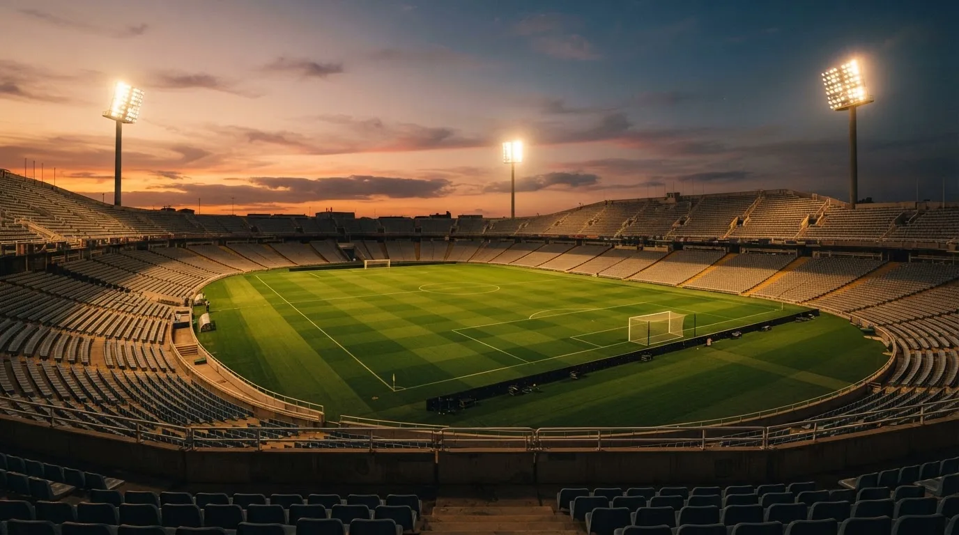 Un estadio de fútbol vacío con torres de iluminación al atardecer