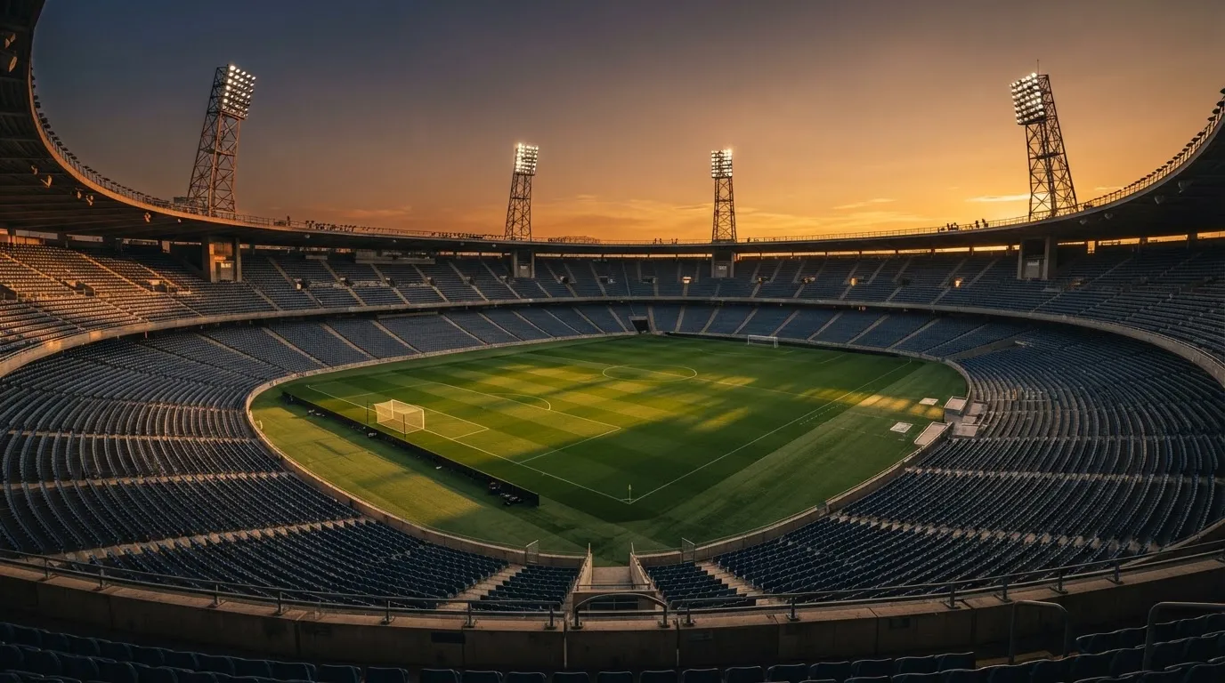 Un estadio de fútbol vacío con torres de iluminación al atardecer