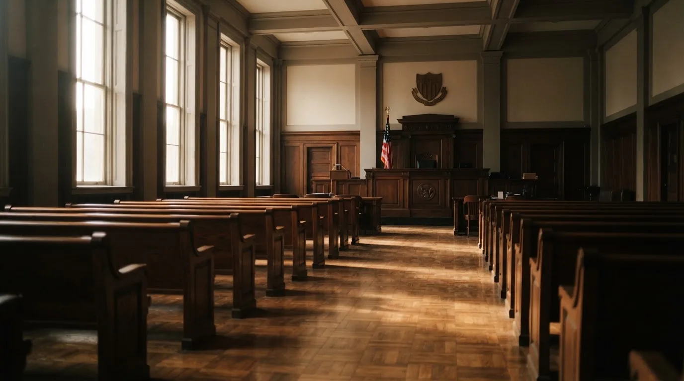 Una sala de tribunal vacía con bancos de madera a la luz de la mañana