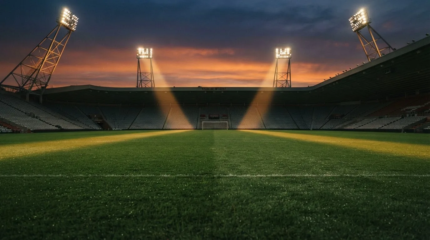 Un estadio de fútbol vacío con torres de iluminación al atardecer
