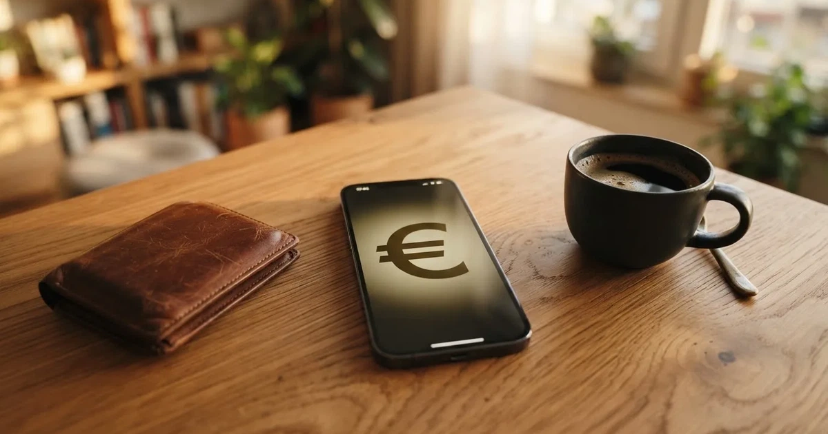 Un móvil sobre una mesa de madera junto a una cartera y una taza de café