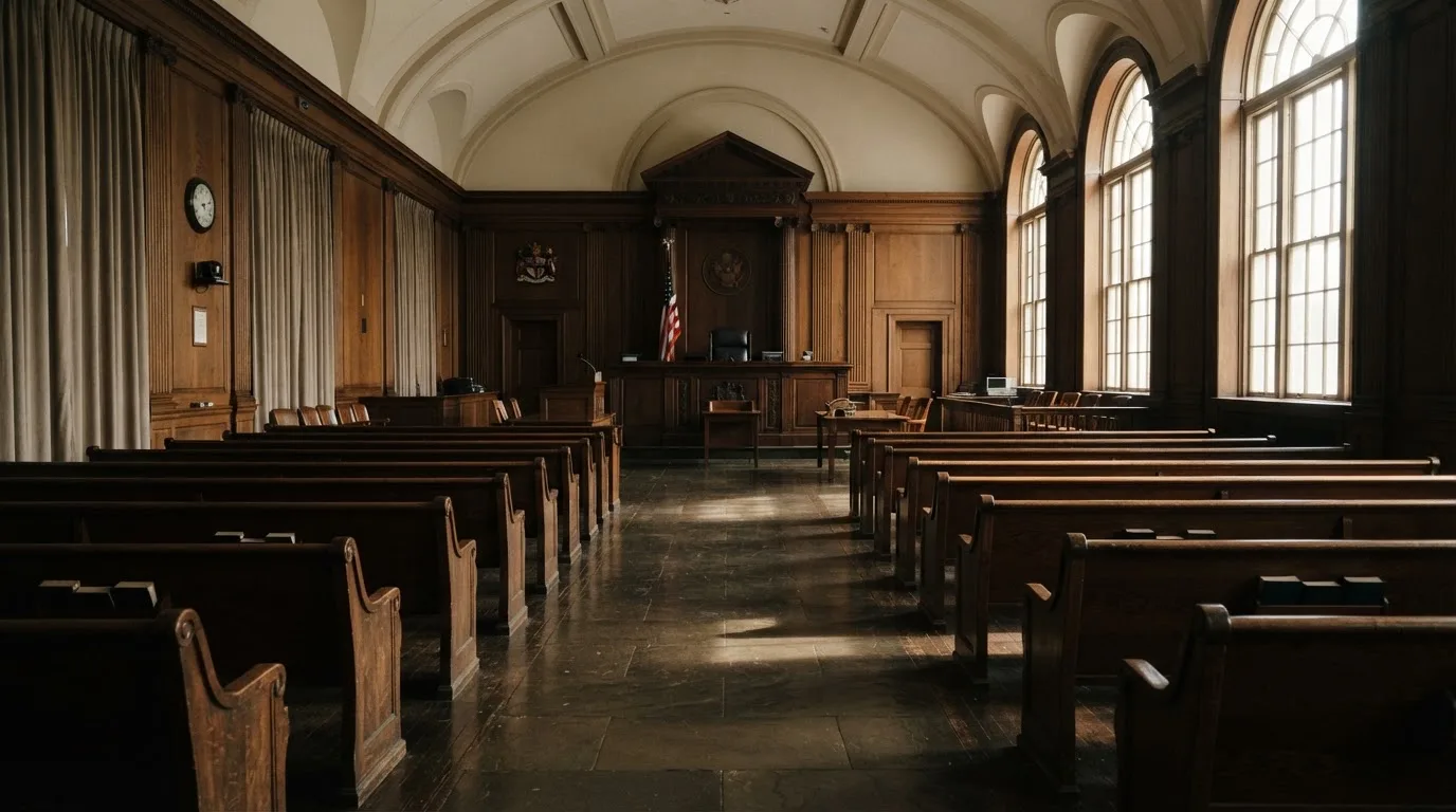 Una sala de tribunal vacía con bancos de madera a la luz de la mañana