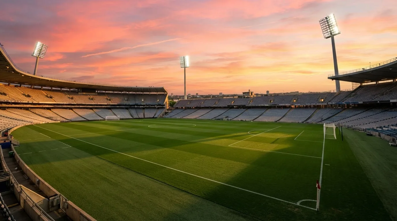 Un estadio de fútbol vacío con torres de iluminación al atardecer