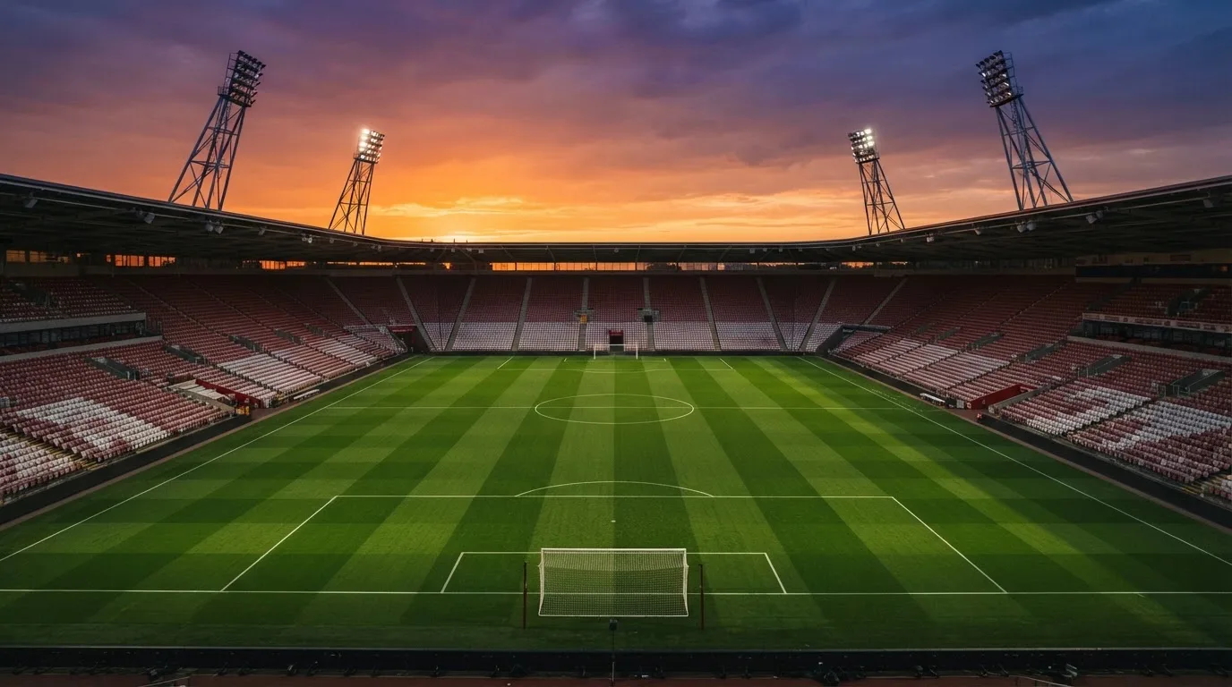 Un estadio de fútbol vacío con torres de iluminación al atardecer