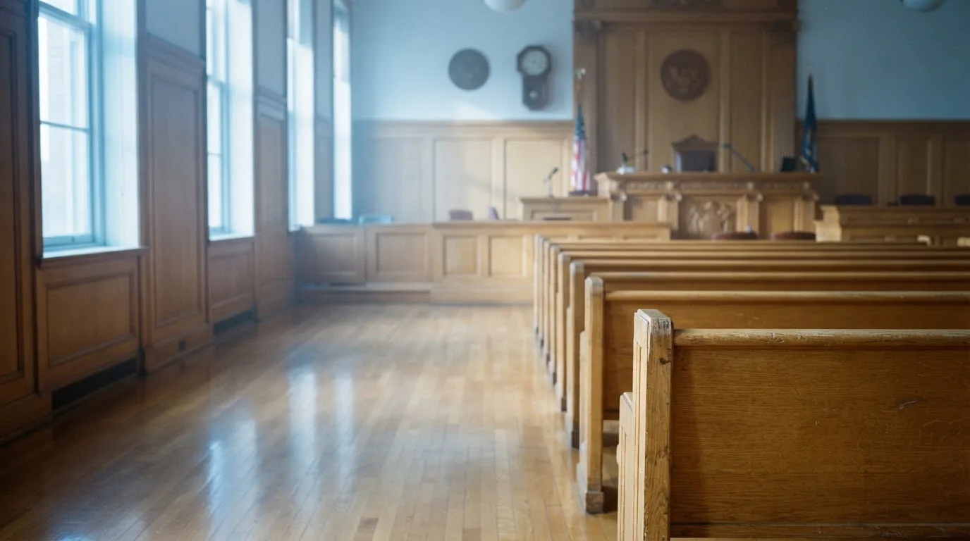 Una sala de tribunal vacía con bancos de madera a la luz de la mañana