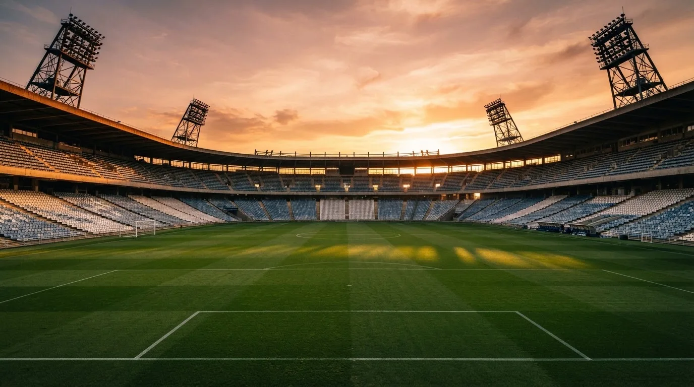Un estadio de fútbol vacío con torres de iluminación al atardecer