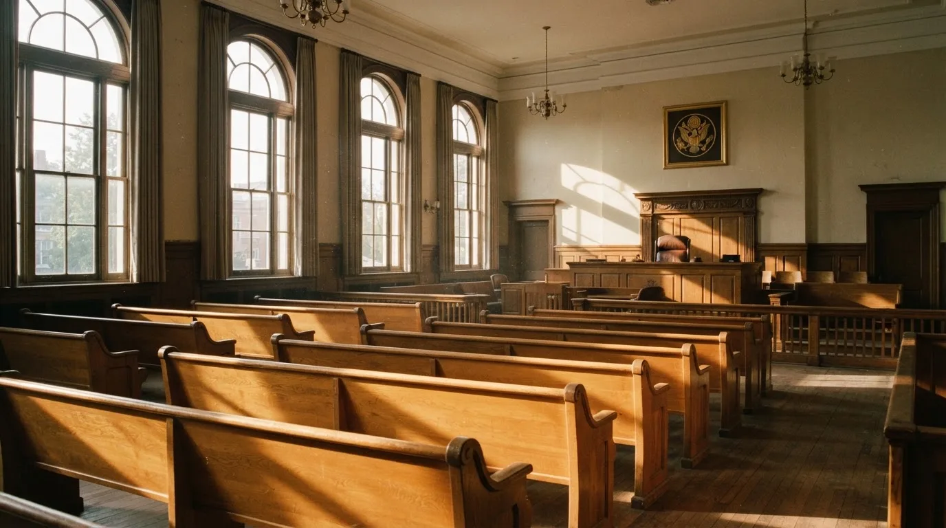 Una sala de tribunal vacía con bancos de madera a la luz de la mañana
