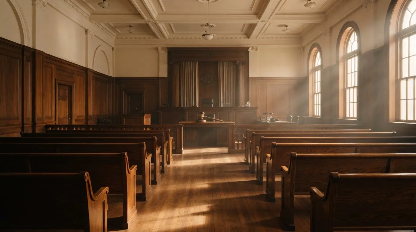 Una sala de tribunal vacía con bancos de madera a la luz de la mañana