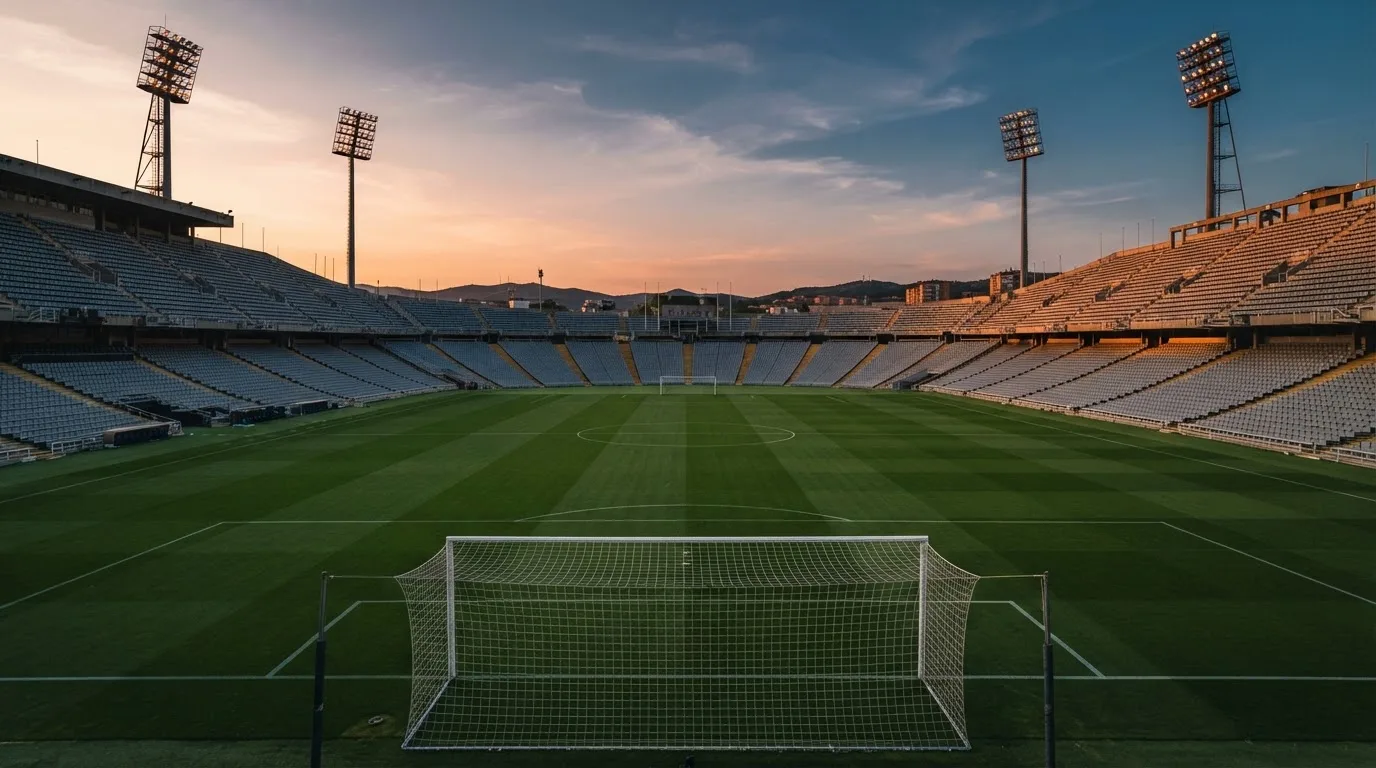 Un estadio de fútbol vacío con torres de iluminación al atardecer