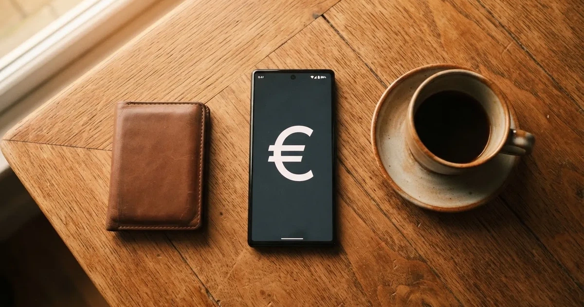 Un móvil sobre una mesa de madera junto a una cartera y una taza de café