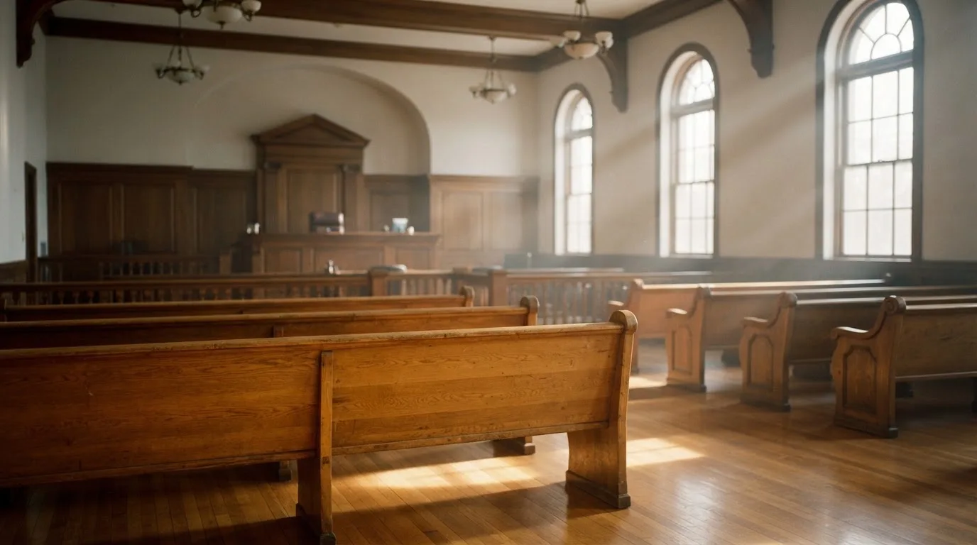 Una sala de tribunal vacía con bancos de madera a la luz de la mañana