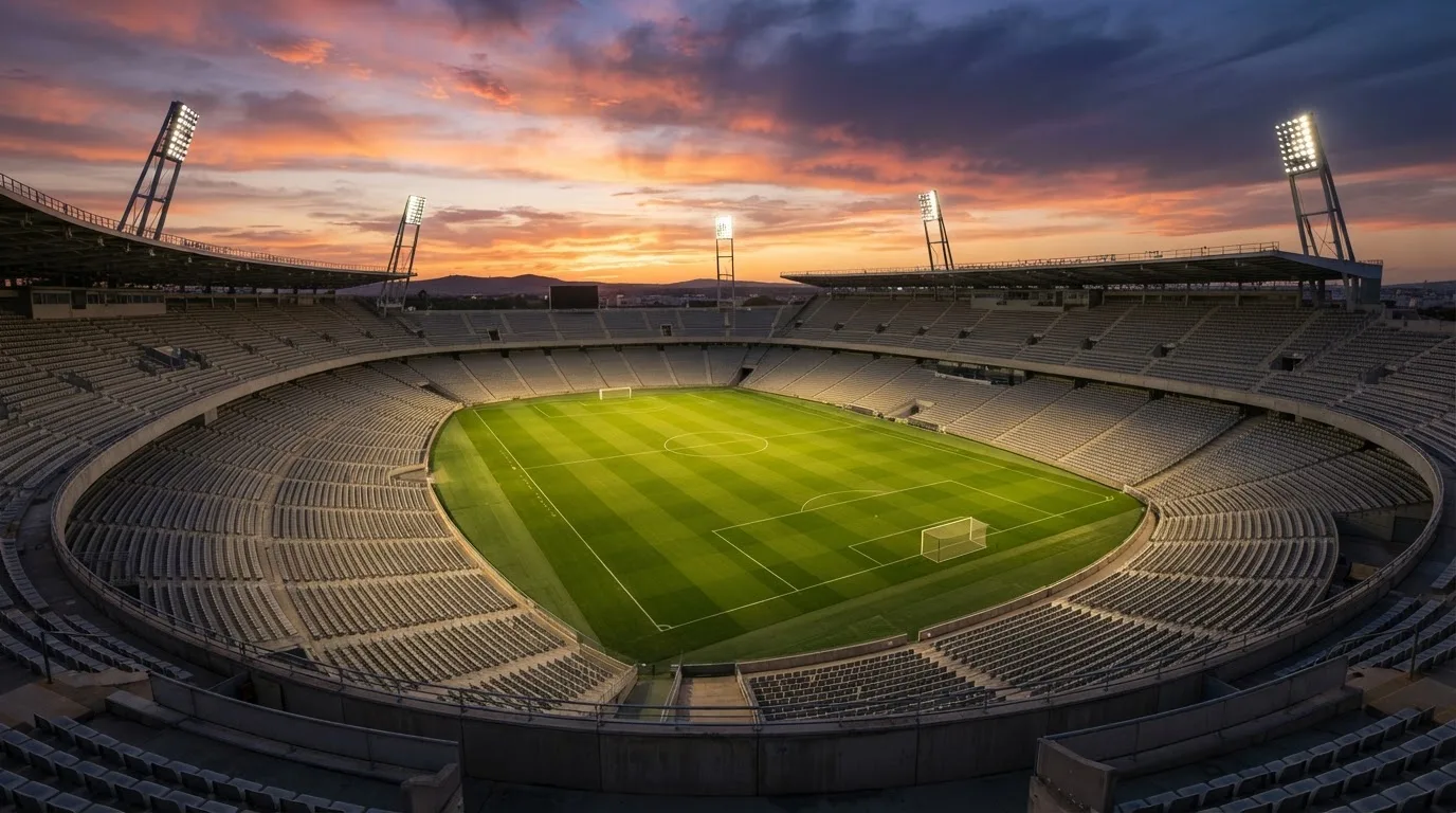 Un estadio de fútbol vacío con torres de iluminación al atardecer