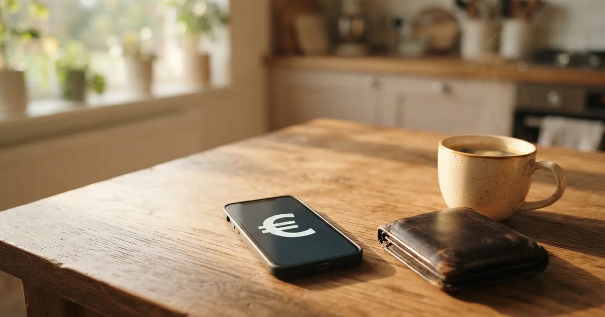 Un móvil sobre una mesa de madera junto a una cartera y una taza de café