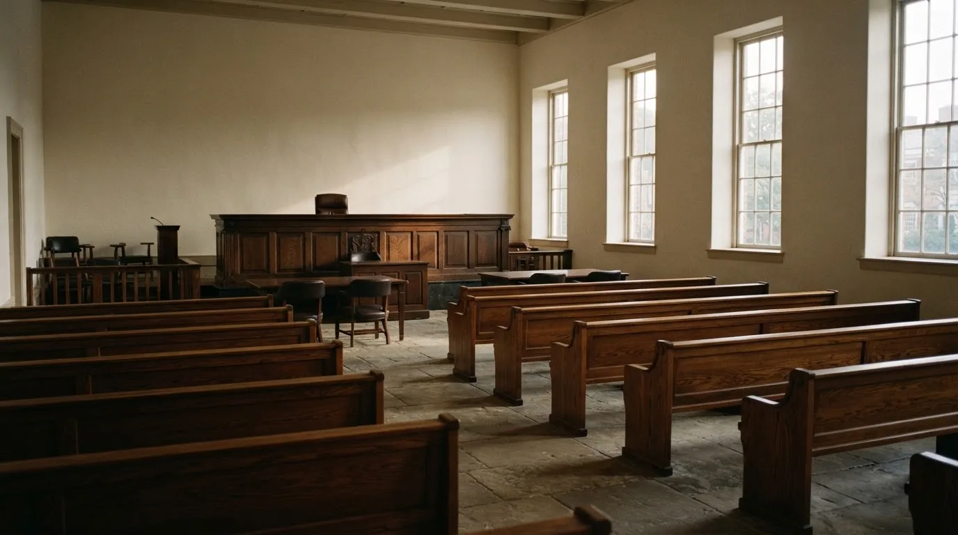 Una sala de tribunal vacía con bancos de madera a la luz de la mañana