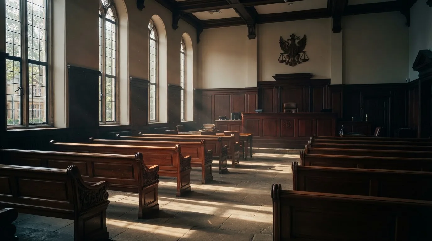 Una sala de tribunal vacía con bancos de madera a la luz de la mañana