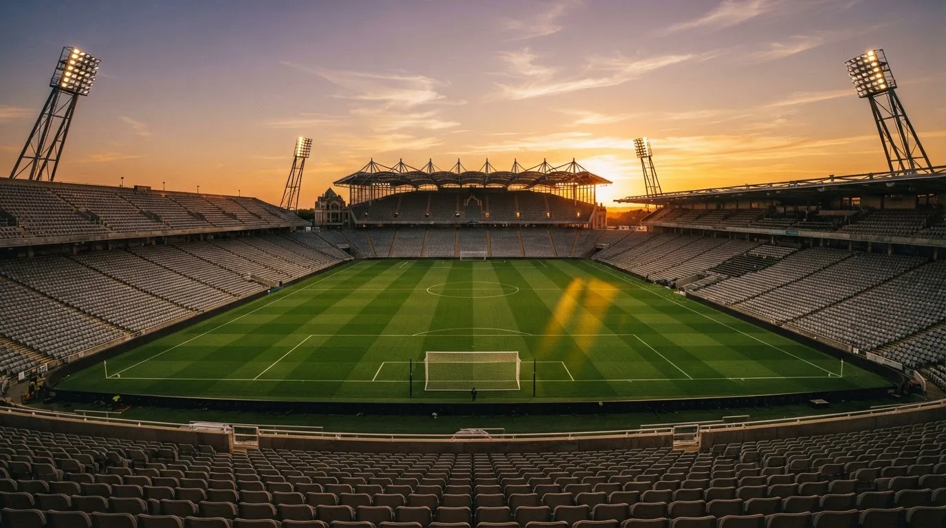 Un estadio de fútbol vacío con torres de iluminación al atardecer