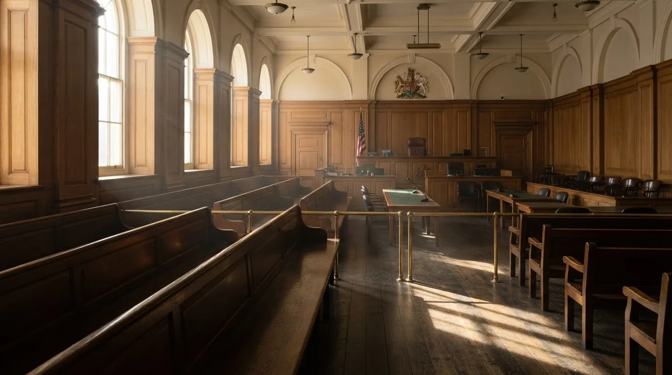 Una sala de tribunal vacía con bancos de madera a la luz de la mañana