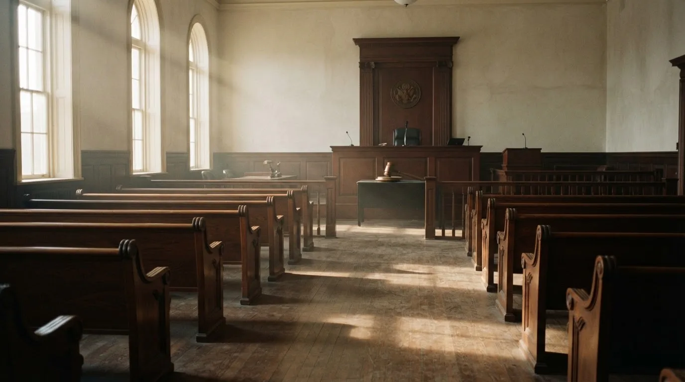 Una sala de tribunal vacía con bancos de madera a la luz de la mañana