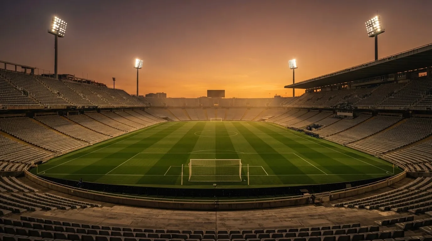 Un estadio de fútbol vacío con torres de iluminación al atardecer