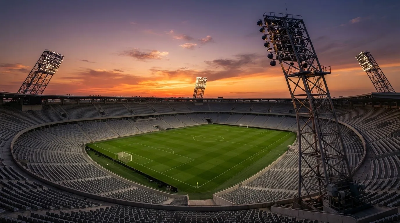 Un estadio de fútbol vacío con torres de iluminación al atardecer