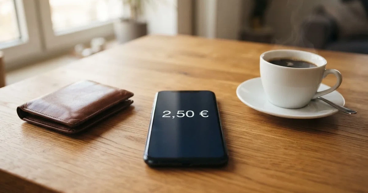 Un móvil sobre una mesa de madera junto a una cartera y una taza de café