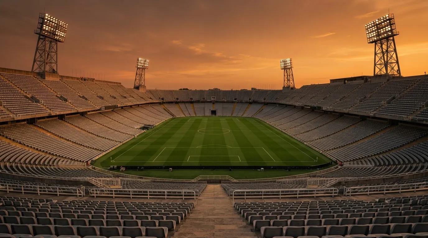 Un estadio de fútbol vacío con torres de iluminación al atardecer