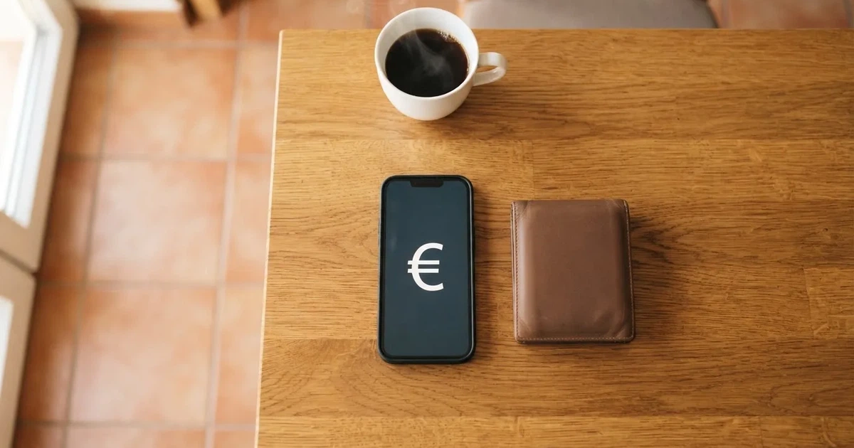 Un móvil sobre una mesa de madera junto a una cartera y una taza de café